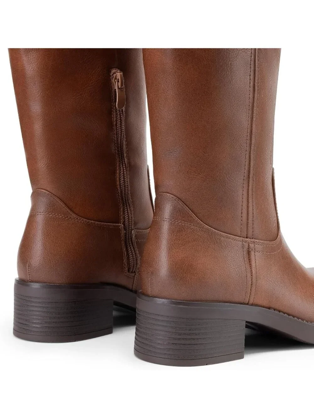 Women's Brown Faux Leather Square Toe Chunky Block Heel Knee High Riding Boots - Picture 6 of 6